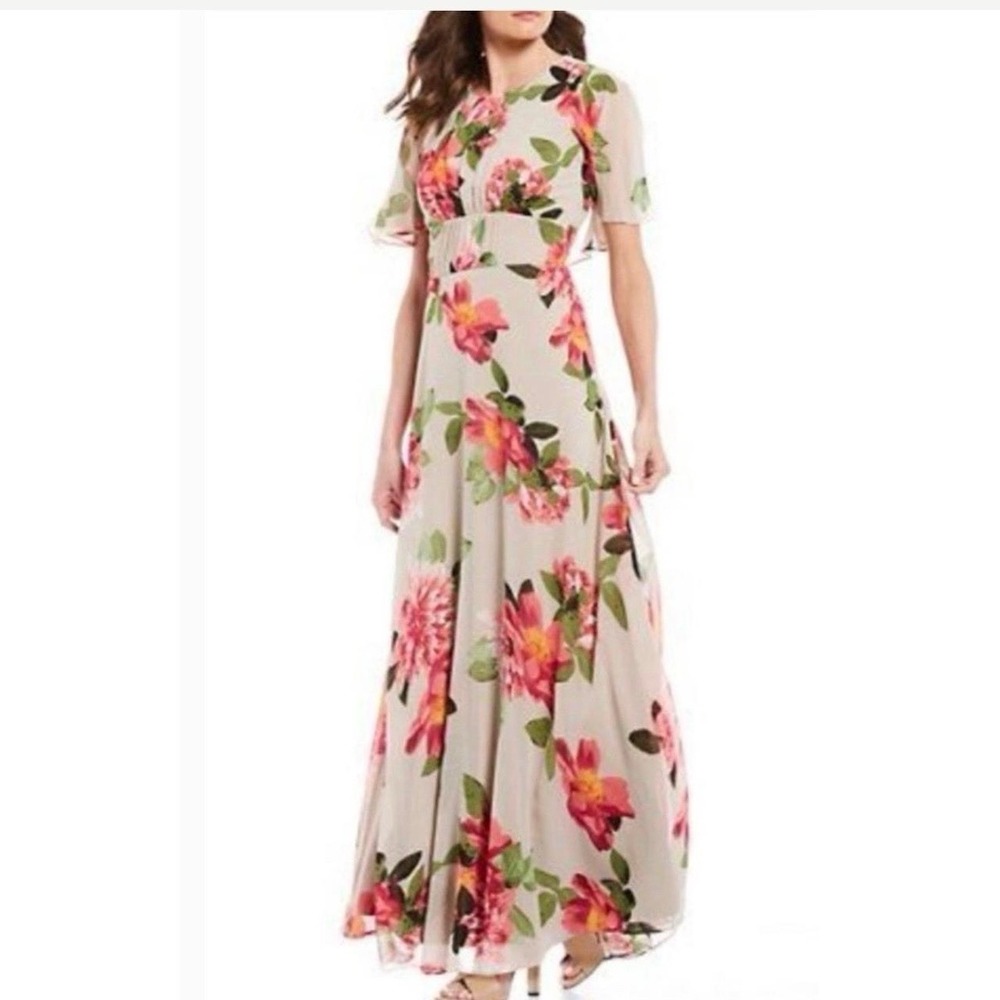 Calvin Klein Floral Capelet Short Sleeve Maxi Dress Wedding Flowy Chiffon Sz 14